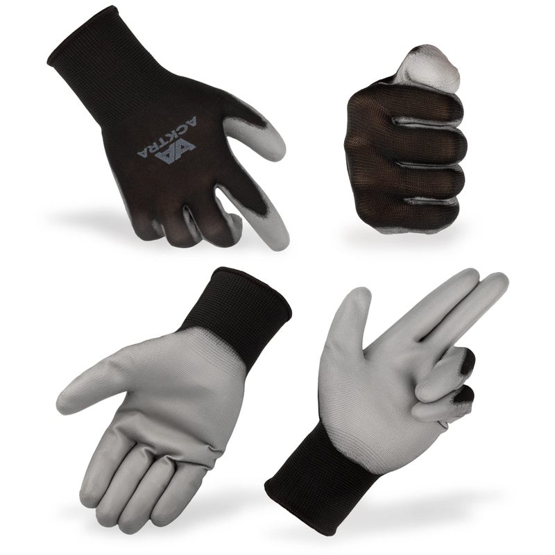 ACKTRA Ultra-Thin PU Safety WORK GLOVES 12 Pairs, WG002 Black/Black, X-Small - Image 3